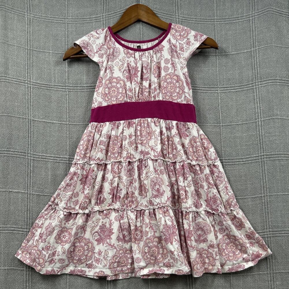 Tea Collection Pink Floral Tiered Dress Girls Size 8 100% Cotton Cap Sleeve